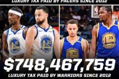 0美元 vs 7.48亿美元！步行者与勇士12年奢侈税对比分析