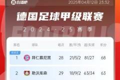 拜仁勒沃库森落后5分！德甲积分榜：药厂闷平柏林联 提前锁定欧冠资格