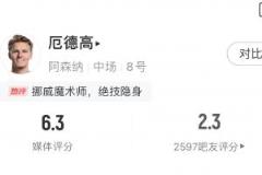 厄德高全场低迷仅2.3分 赖斯9.2分引发热议